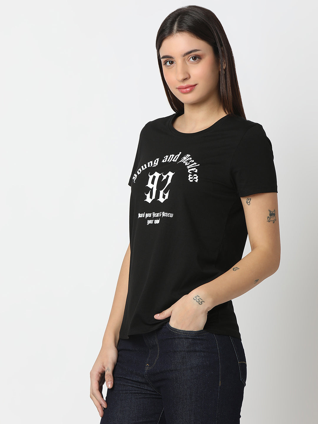 Spykar Black Regular Fit Half Sleeves T-shirt For Women