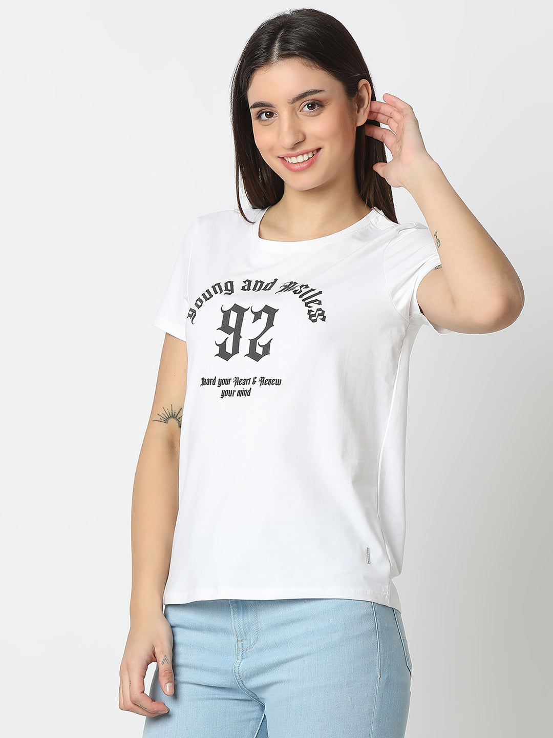 Spykar White Regular Fit Half Sleeves T-shirt For Women