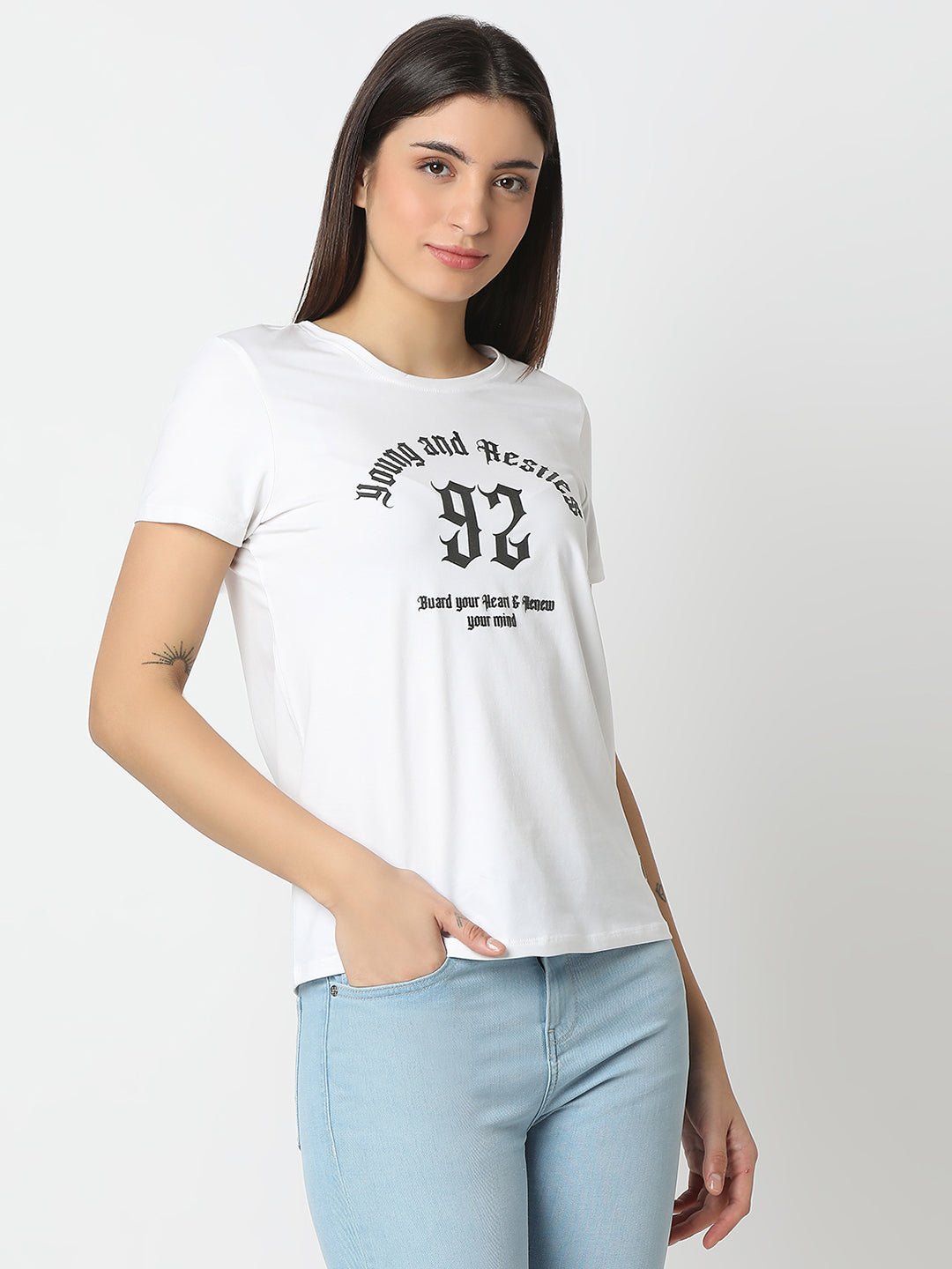 Spykar White Regular Fit Half Sleeves T-shirt For Women