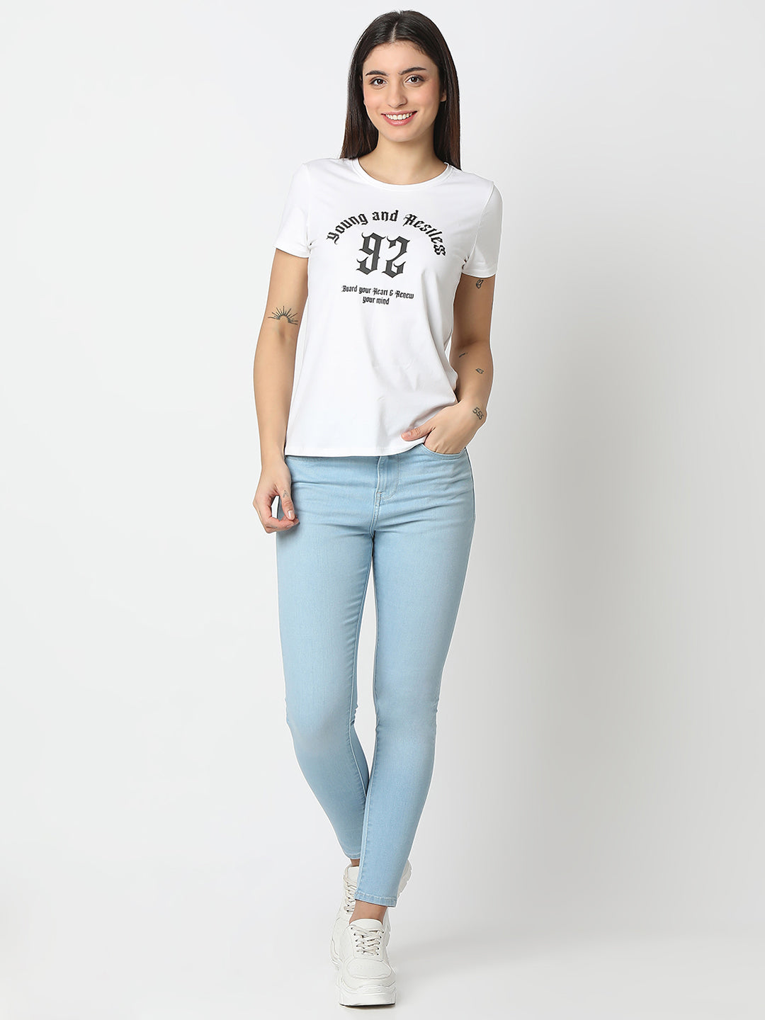 Spykar White Regular Fit Half Sleeves T-shirt For Women