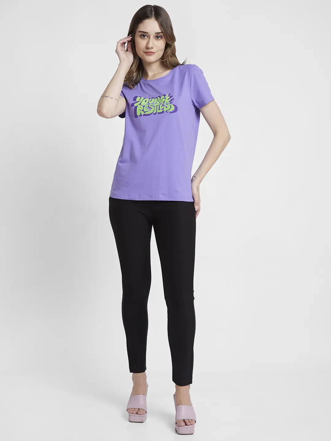 Spykar Digital Lavender Regular Fit Casual T-Shirts For Women