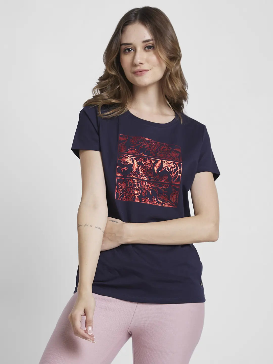 Spykar Navy Blue Regular Fit Casual T-Shirts For Women