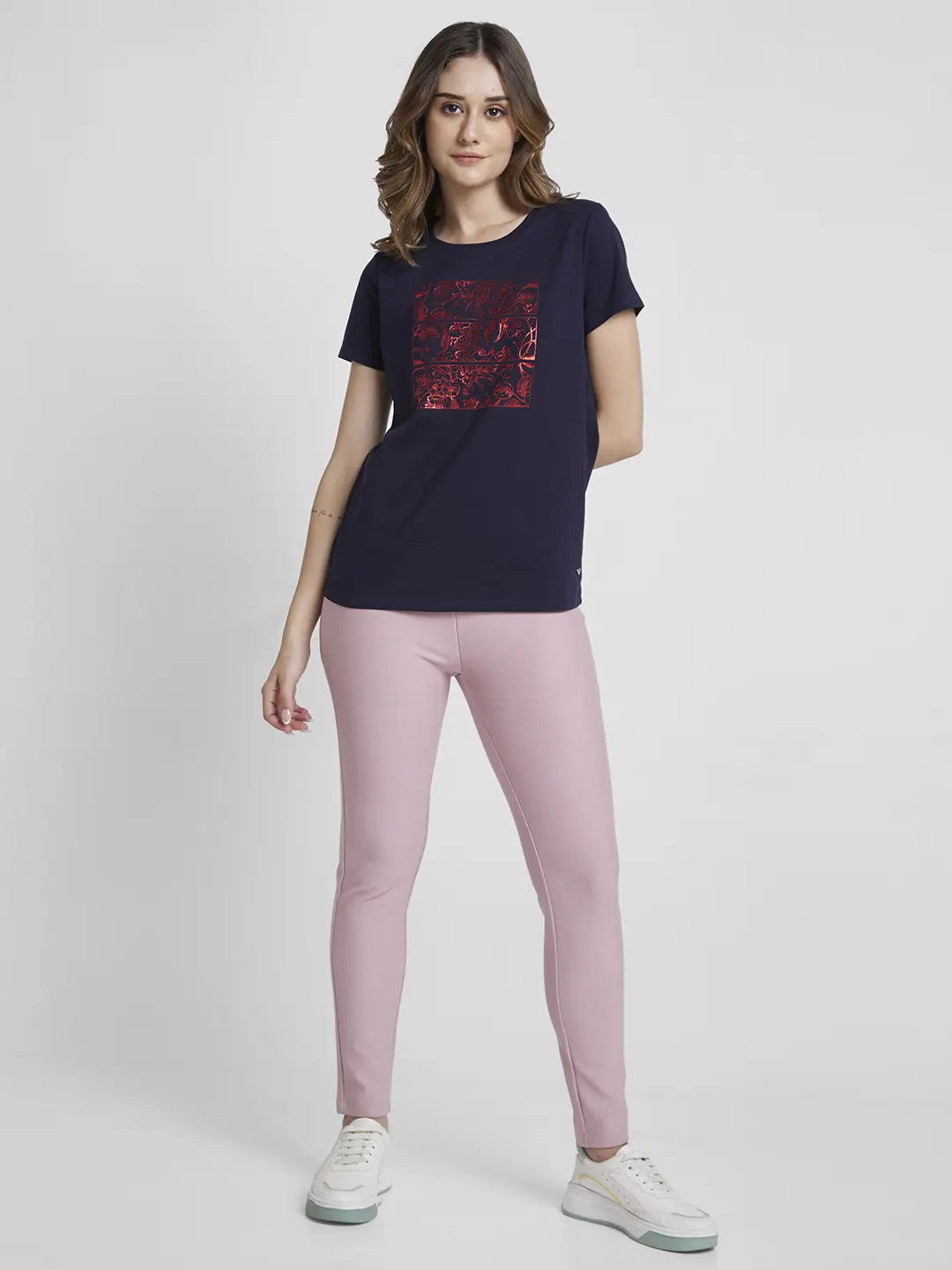 Spykar Navy Blue Regular Fit Casual T-Shirts For Women