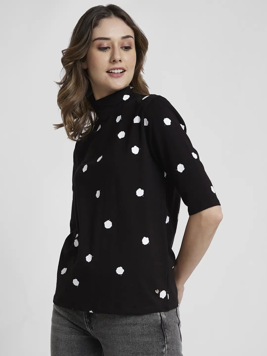 Spykar Black Regular Fit Casual T-Shirts For Women