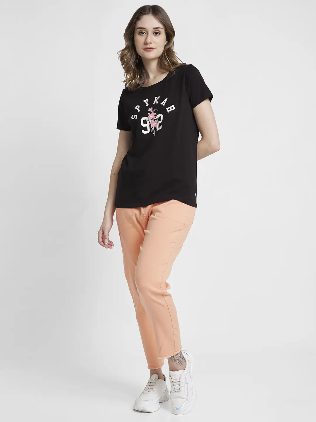 Spykar Black Regular Fit Casual T-Shirts For Women