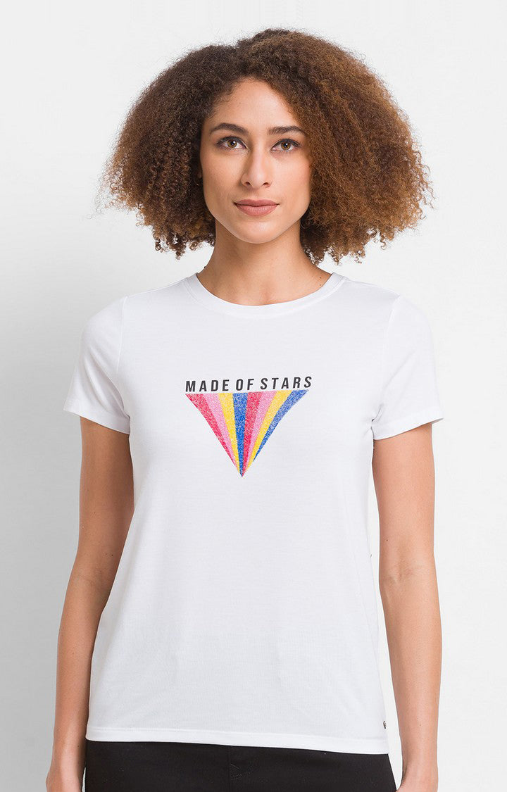 Spykar White Regular Fit Casual T-Shirts For Women