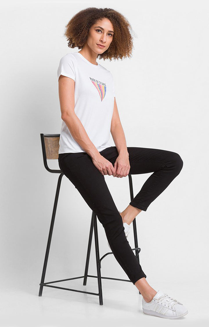 Spykar White Regular Fit Casual T-Shirts For Women