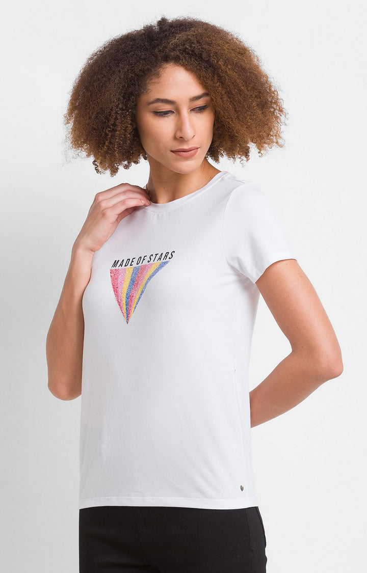 Spykar White Regular Fit Casual T-Shirts For Women