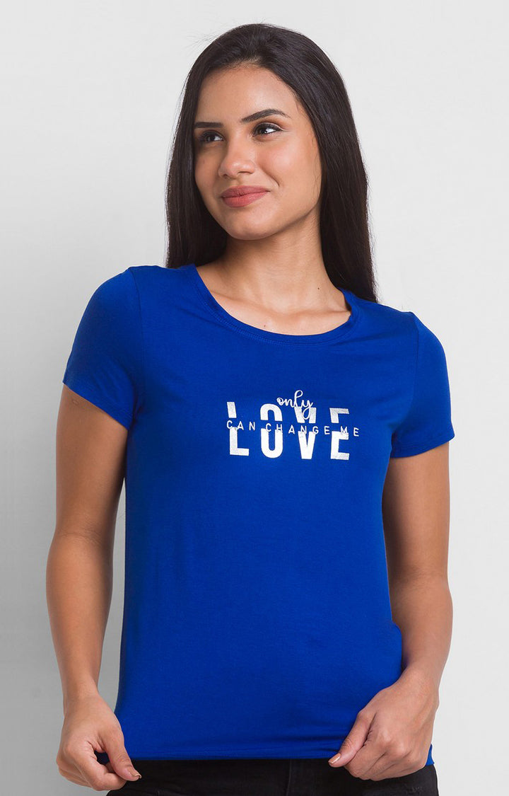 Spykar Marine Teal Blue Regular Fit Casual T-Shirts For Women