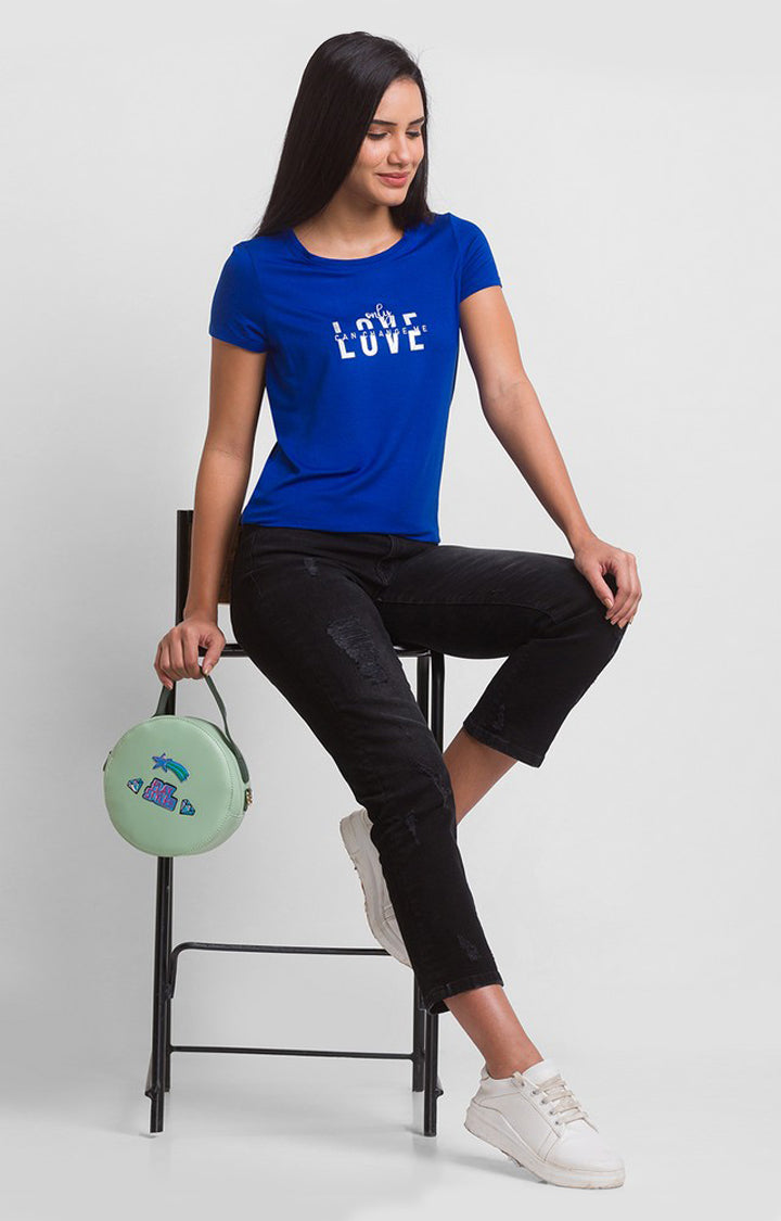 Spykar Marine Teal Blue Regular Fit Casual T-Shirts For Women
