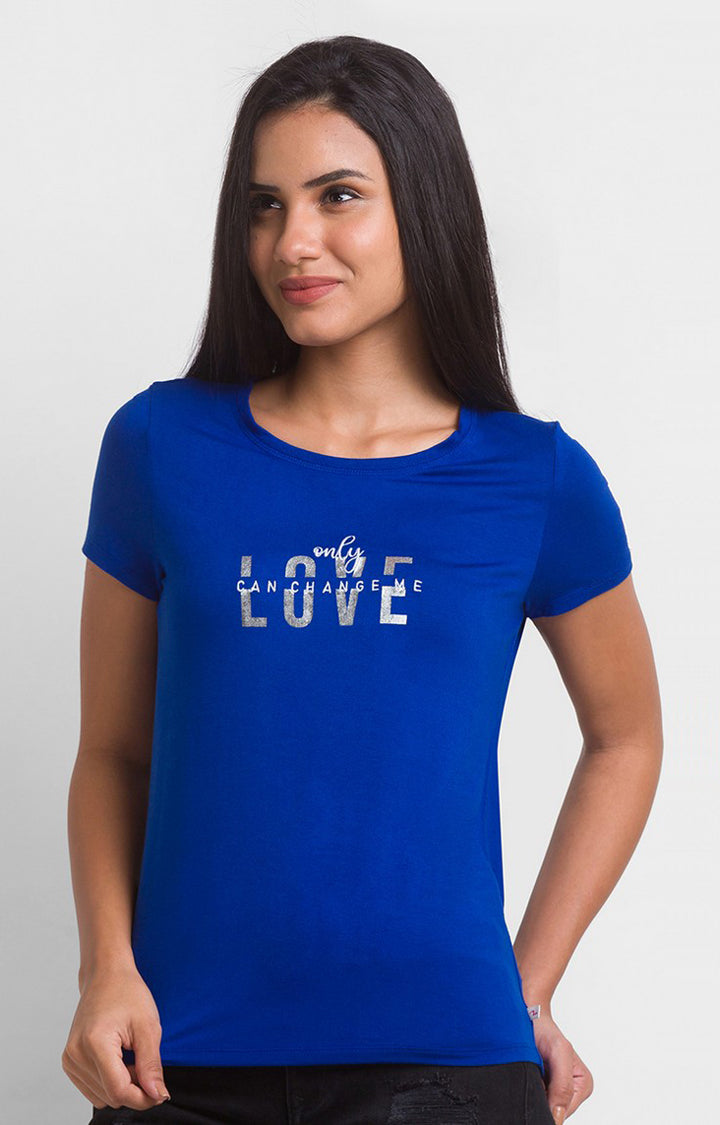Spykar Marine Teal Blue Regular Fit Casual T-Shirts For Women