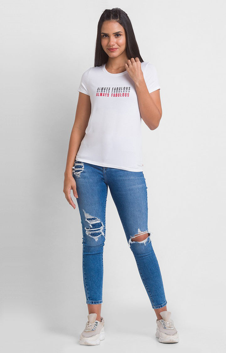 Spykar White Regular Fit Casual T-Shirts For Women