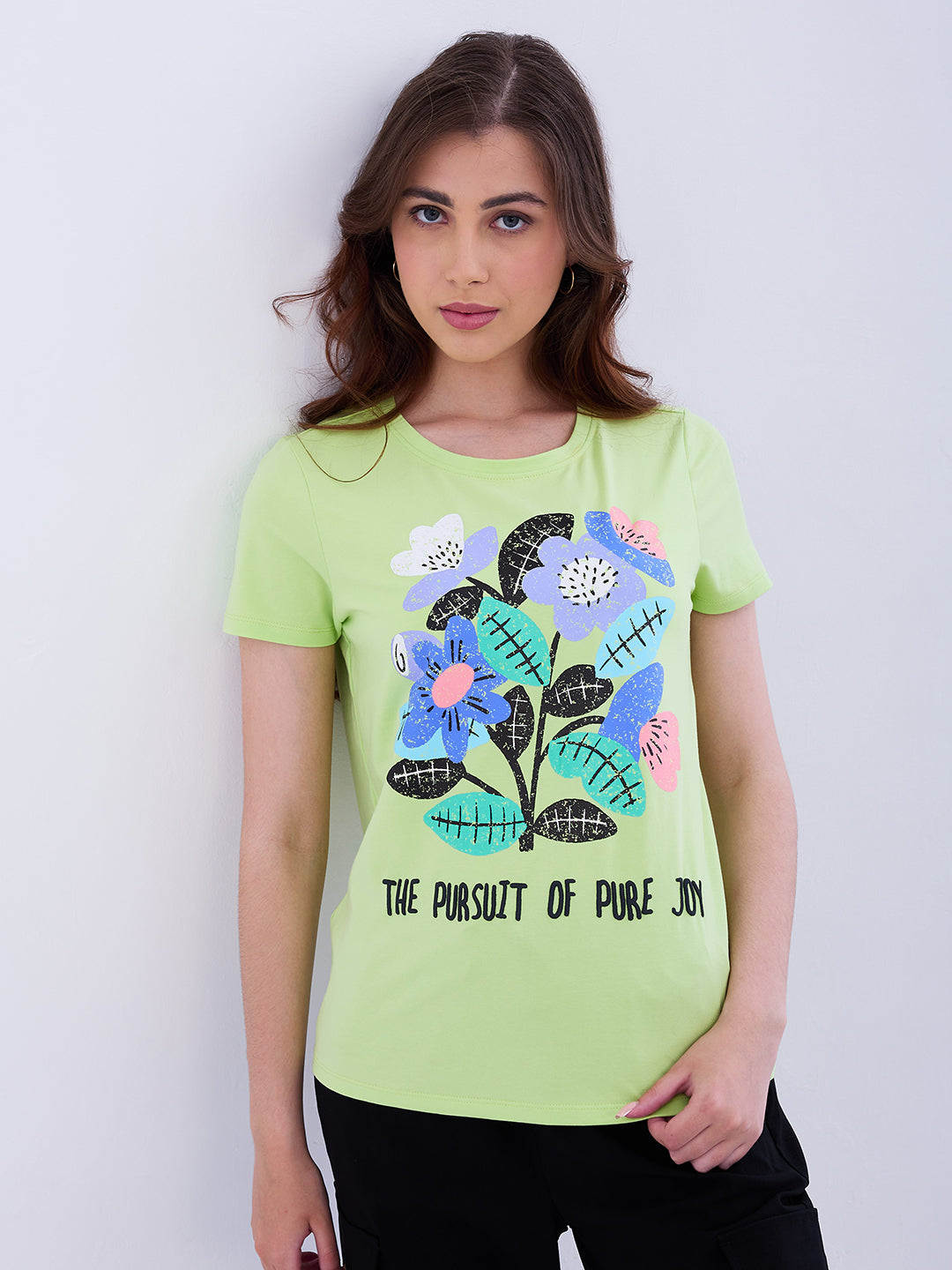 Spykar Coolmatcha Green Regular Fit Casual T-Shirts For Women