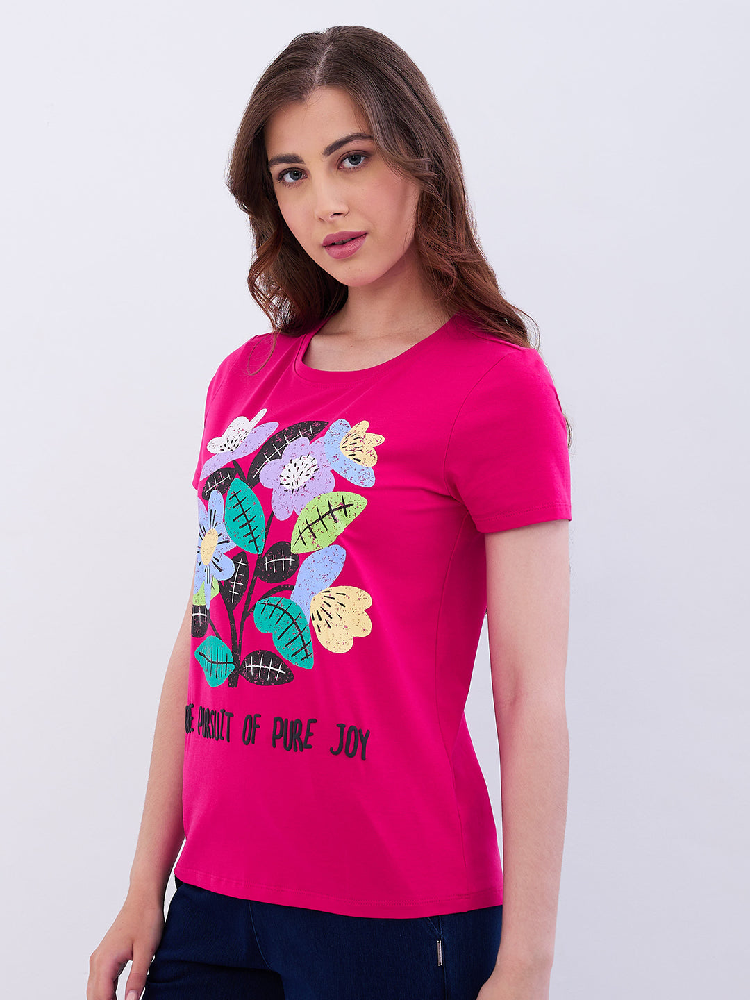 Spykar Luminous Pink Regular Fit Casual T-Shirts For Women