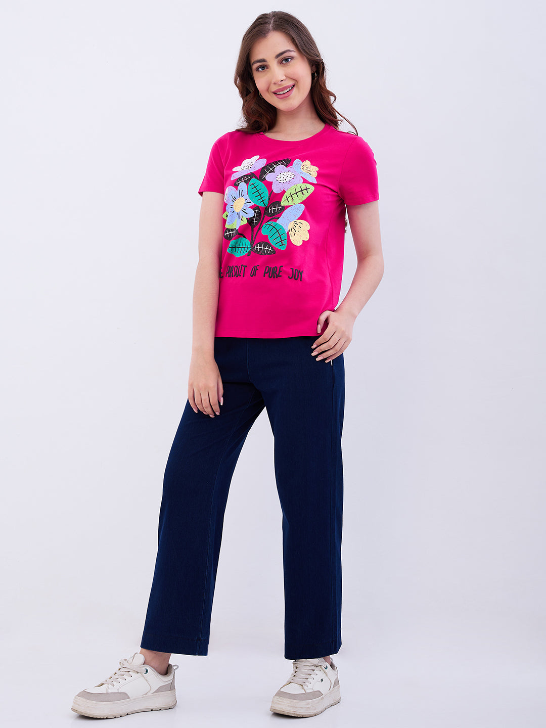 Spykar Luminous Pink Regular Fit Casual T-Shirts For Women