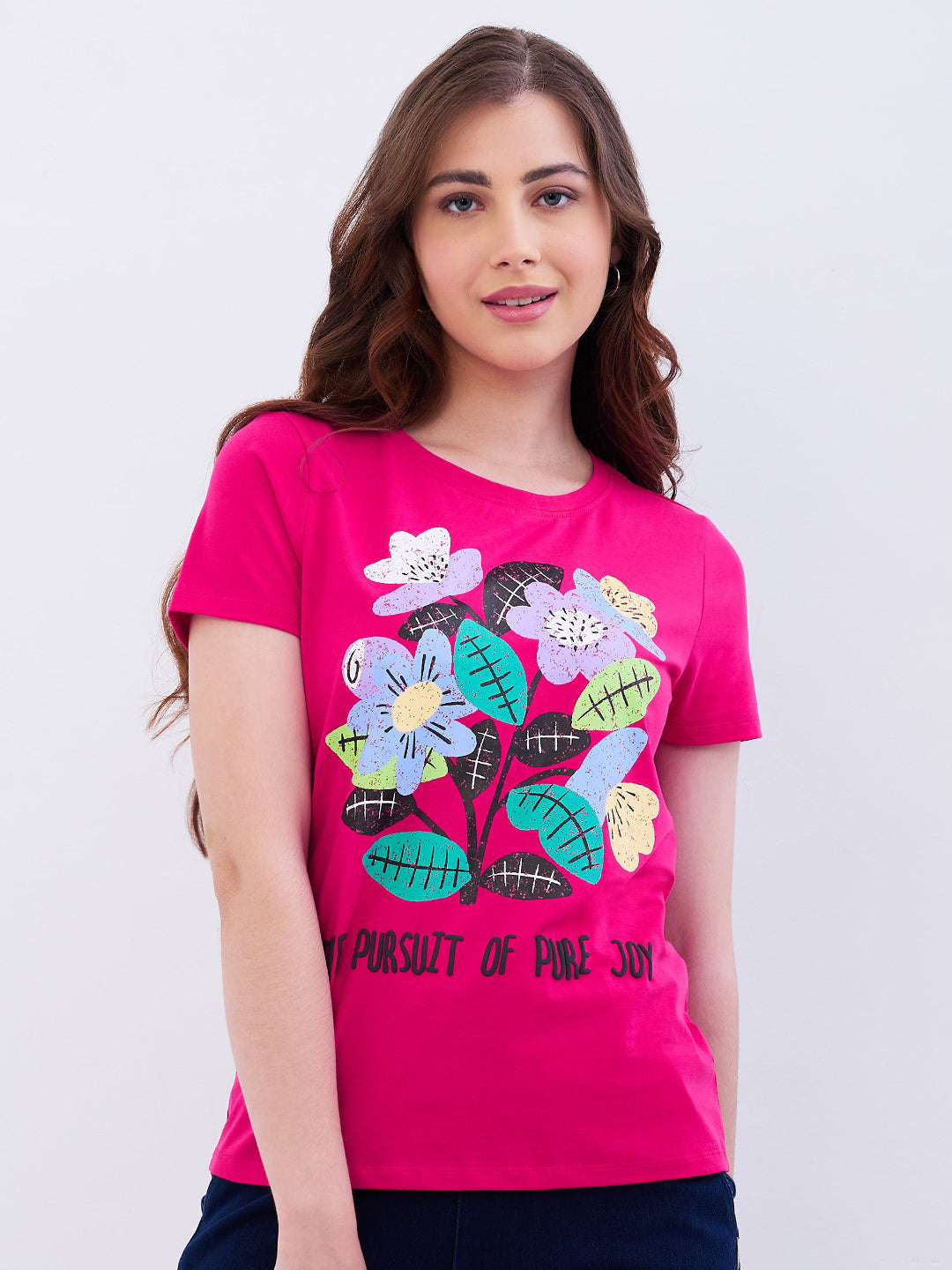 Spykar Luminous Pink Regular Fit Casual T-Shirts For Women