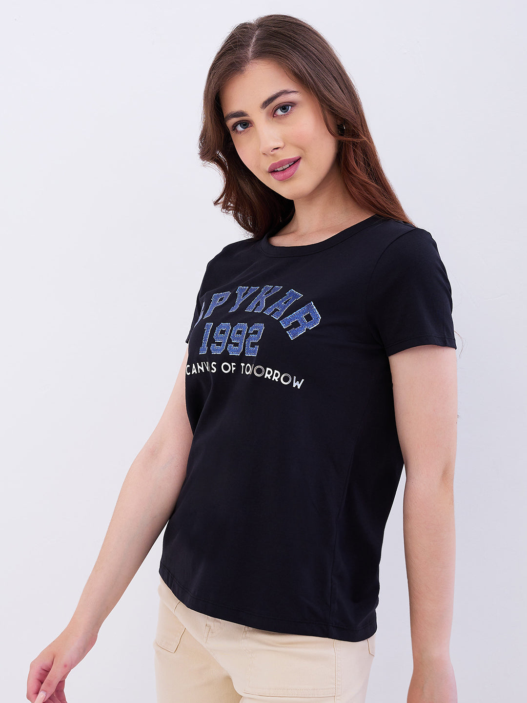 Spykar Black Regular Fit Casual T-Shirts For Women