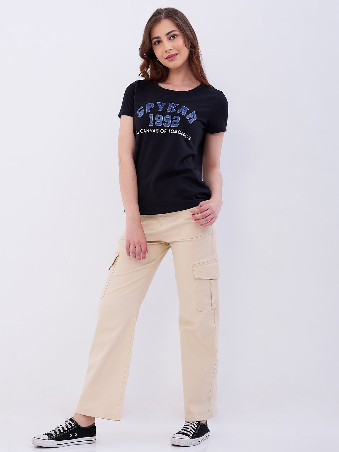 Spykar Black Regular Fit Casual T-Shirts For Women