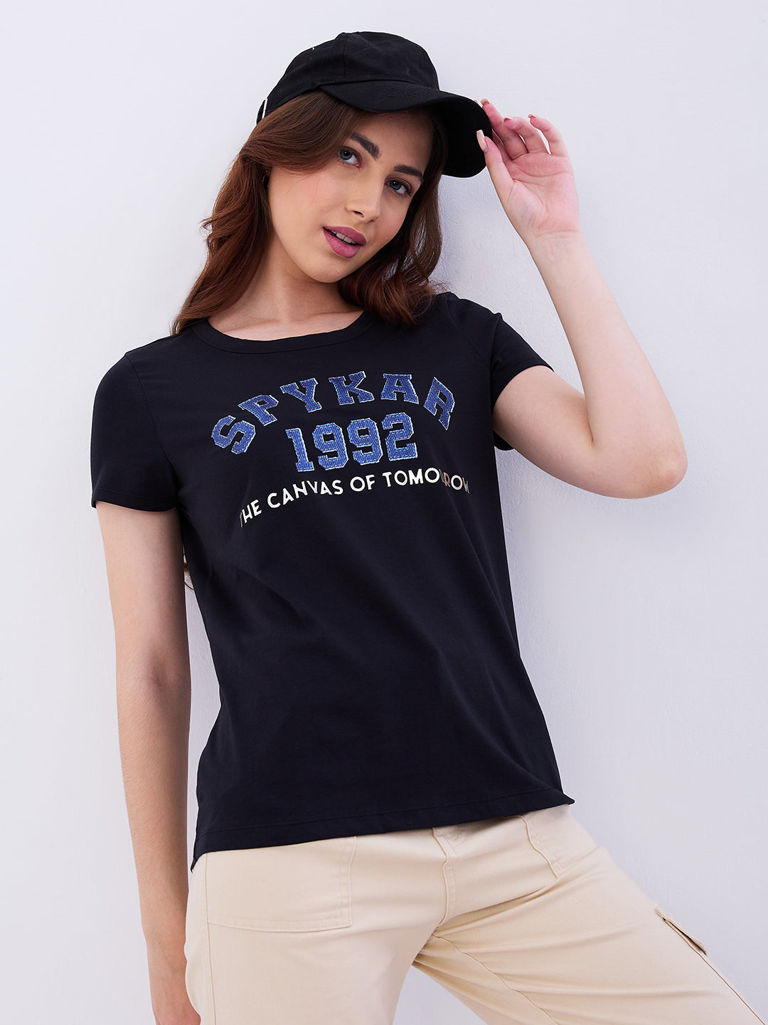 Spykar Black Regular Fit Casual T-Shirts For Women