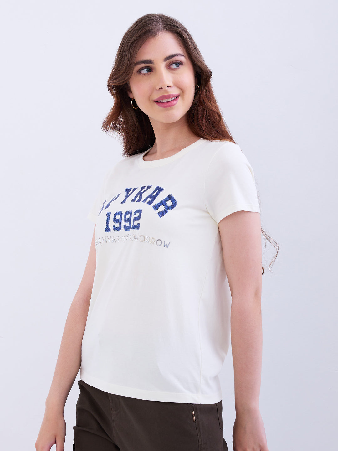 Spykar New Off White Regular Fit Casual T-Shirts For Women