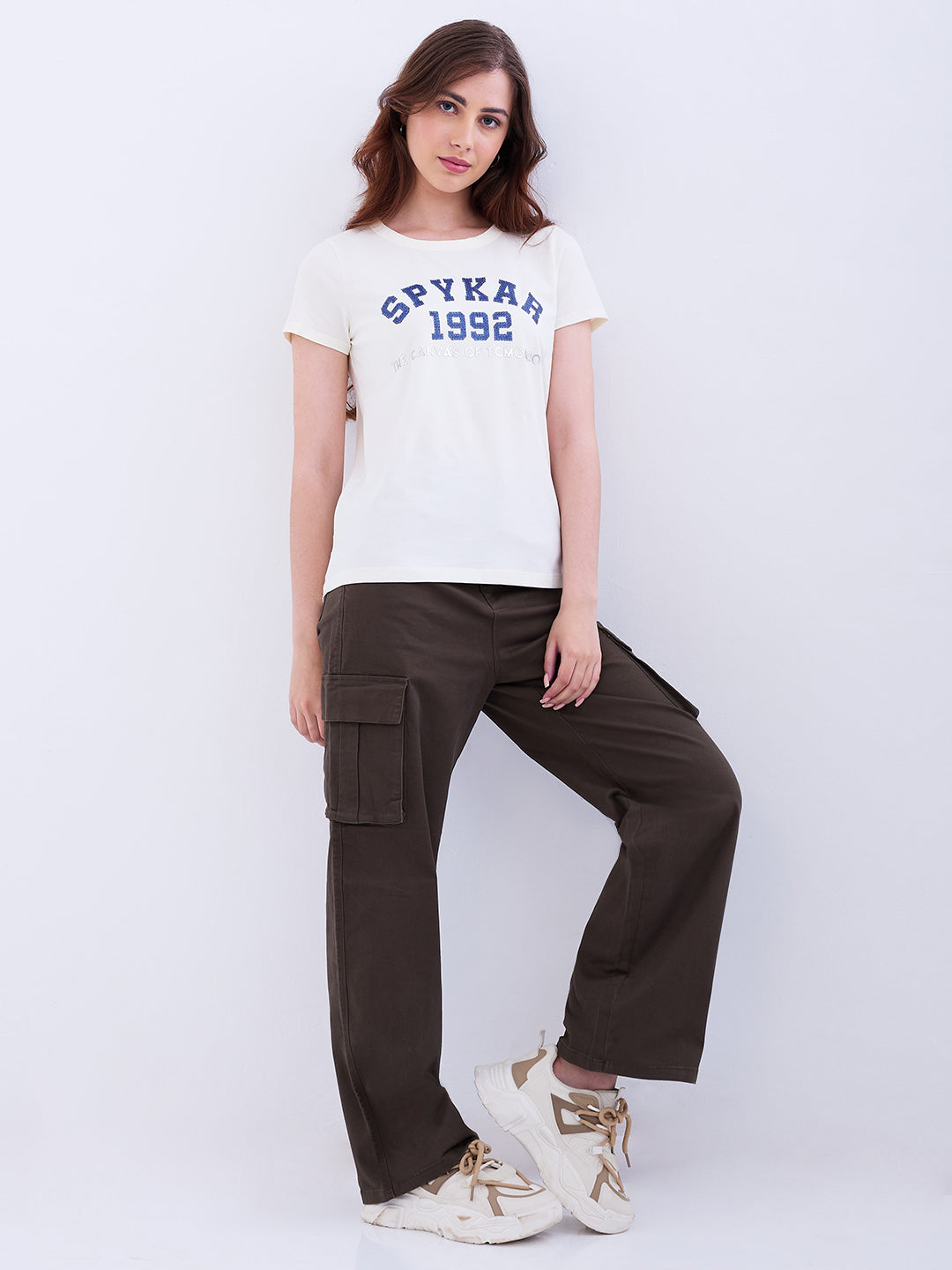 Spykar New Off White Regular Fit Casual T-Shirts For Women