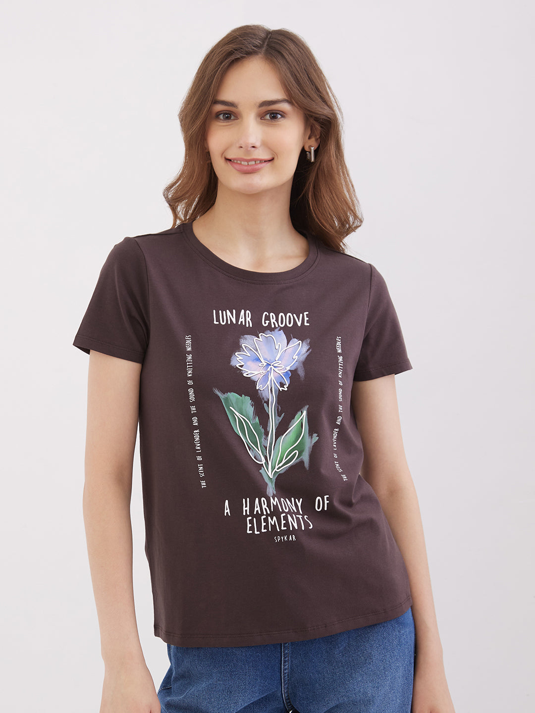 Women T-Shirt Brown Regular Fit