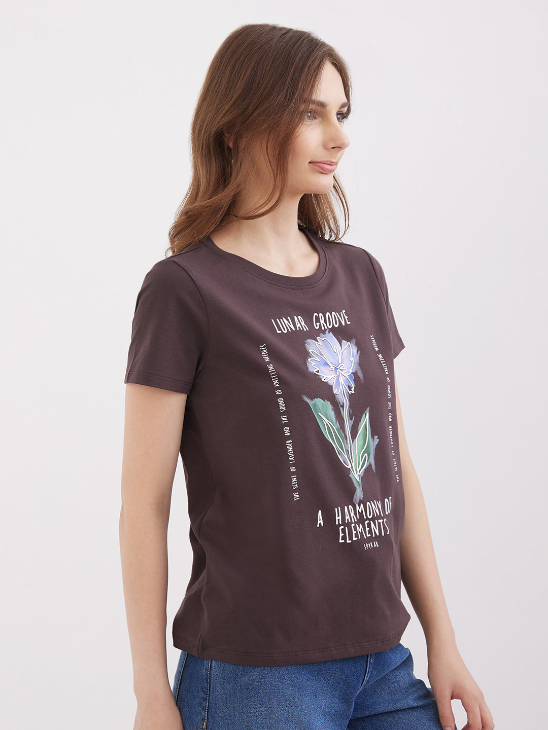 Women T-Shirt Brown Regular Fit