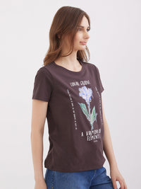Women T-Shirt Brown Regular Fit