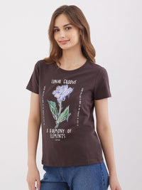 Women T-Shirt Brown Regular Fit