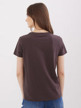 Women T-Shirt Brown Regular Fit