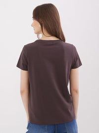 Women T-Shirt Brown Regular Fit