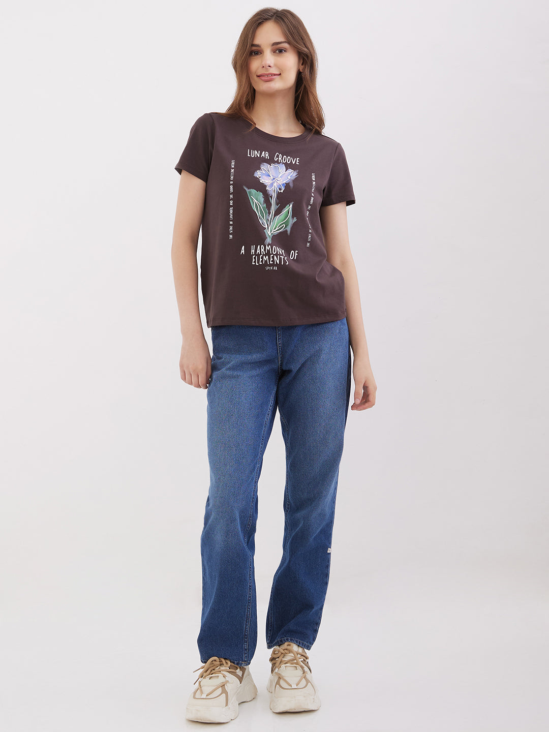 Women T-Shirt Brown Regular Fit