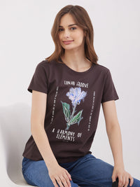 Women T-Shirt Brown Regular Fit