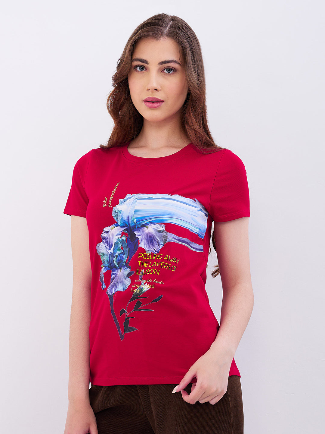 Spykar Crimson Red Regular Fit Casual T-Shirts For Women