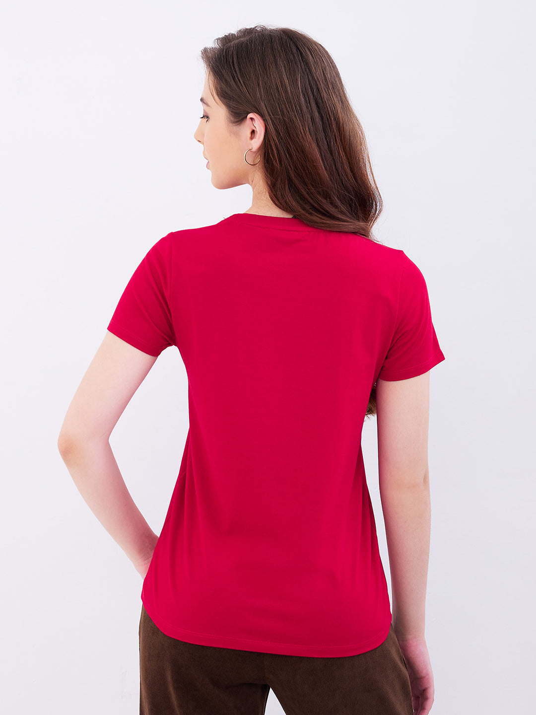 Spykar Crimson Red Regular Fit Casual T-Shirts For Women