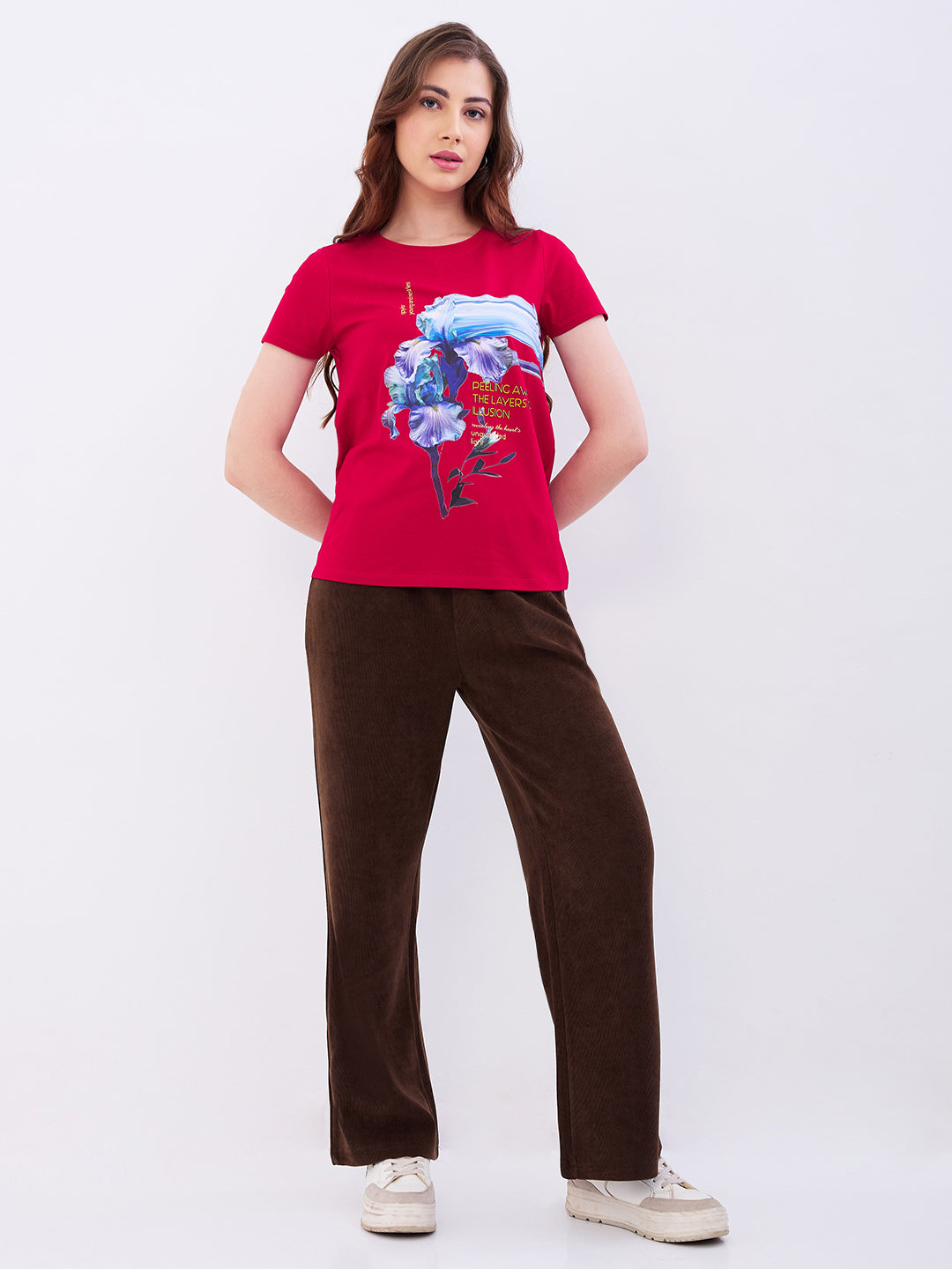 Spykar Crimson Red Regular Fit Casual T-Shirts For Women