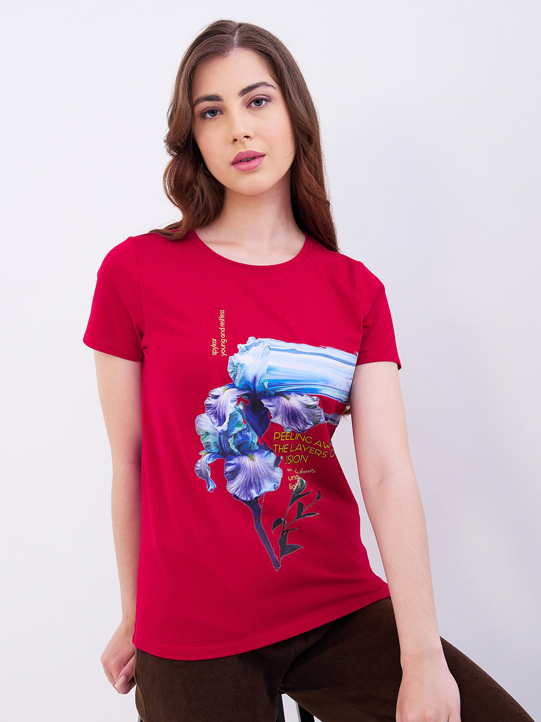 Spykar Crimson Red Regular Fit Casual T-Shirts For Women