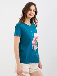 Women T-Shirt Teal Blue Regular Fit