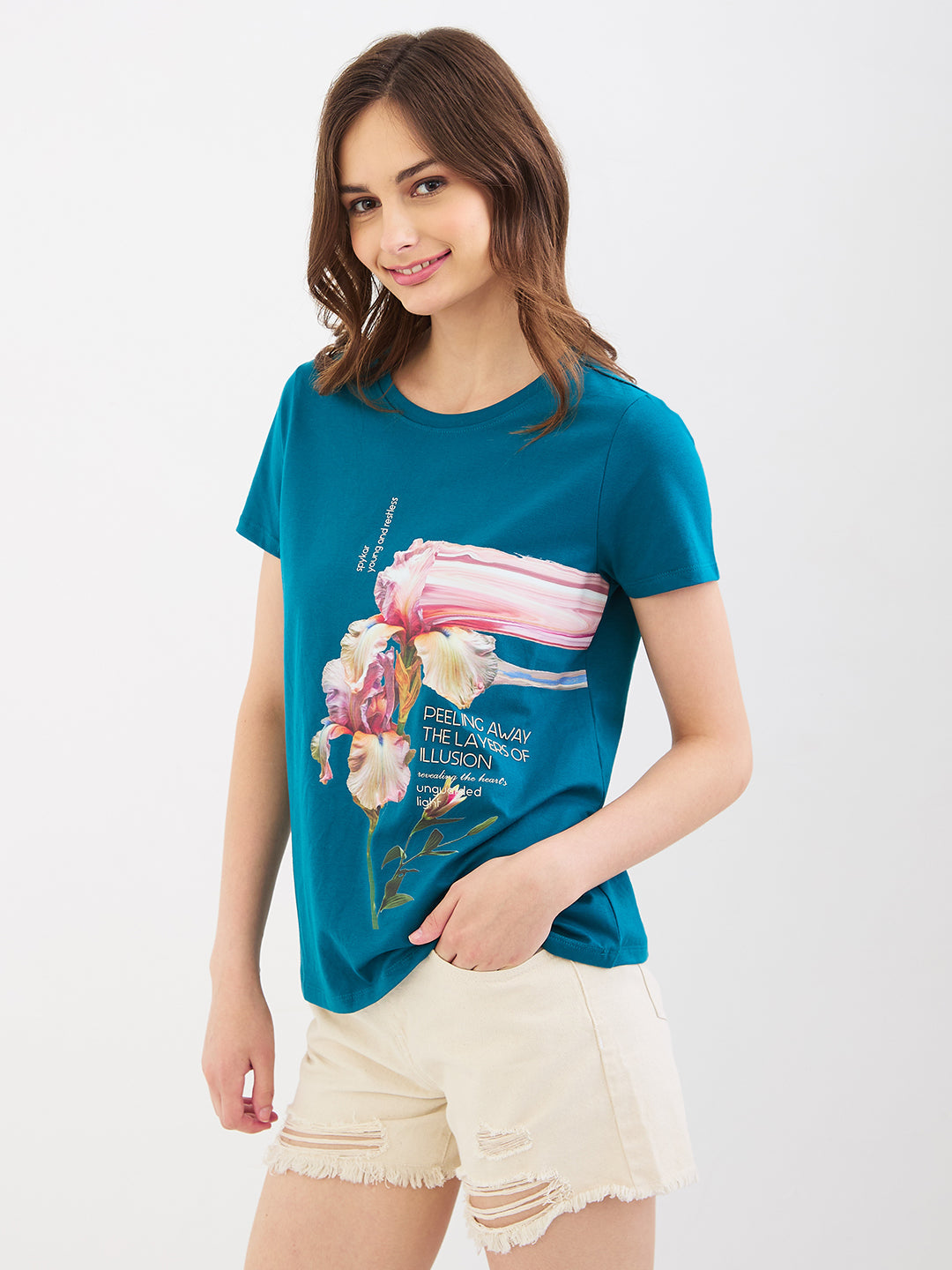 Spykar Marine Teal Blue Regular Fit Casual T-Shirts For Women