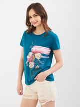Women T-Shirt Teal Blue Regular Fit