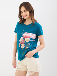 Women T-Shirt Teal Blue Regular Fit