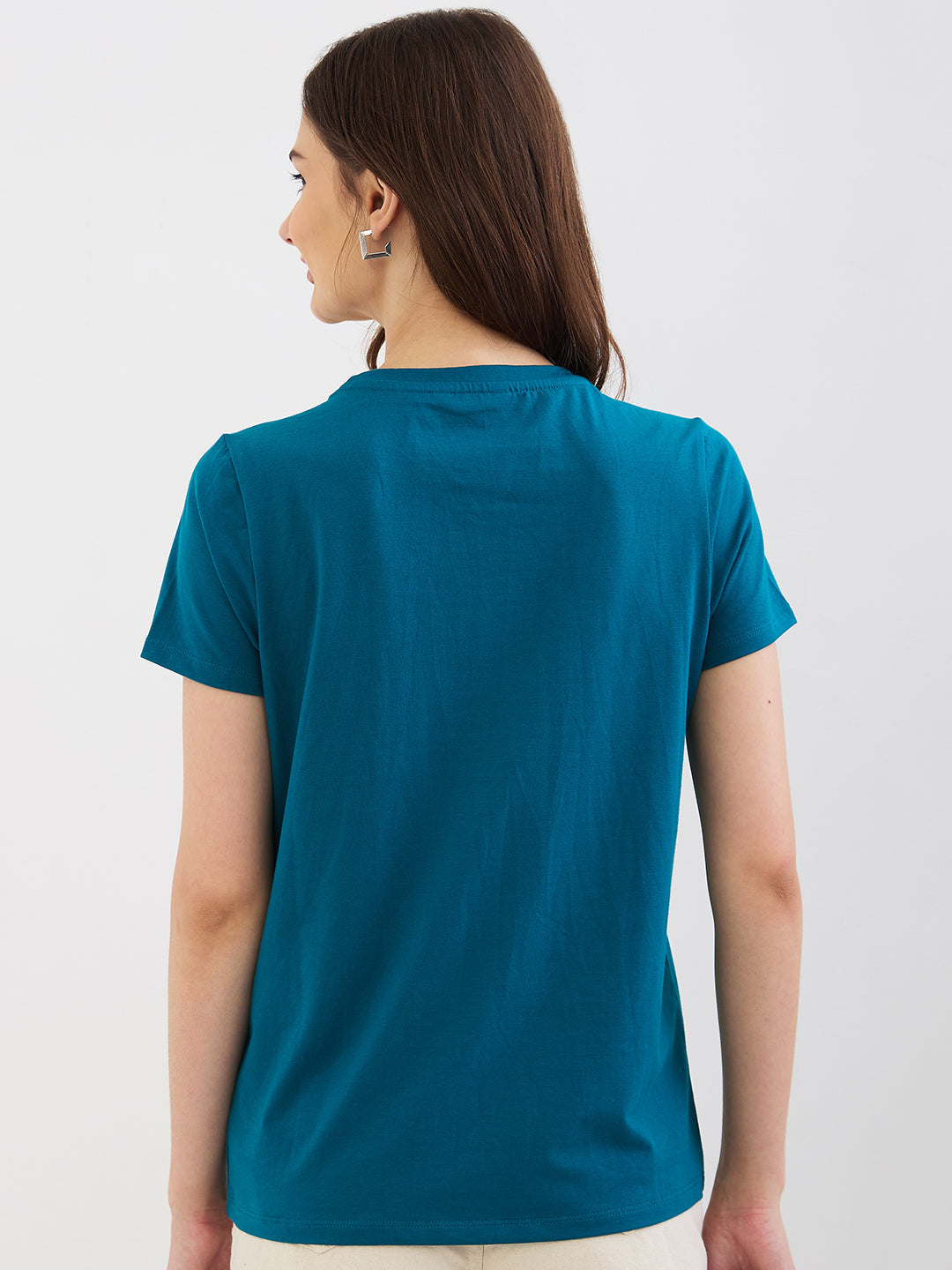 Spykar Marine Teal Blue Regular Fit Casual T-Shirts For Women