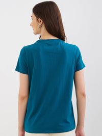 Women T-Shirt Teal Blue Regular Fit