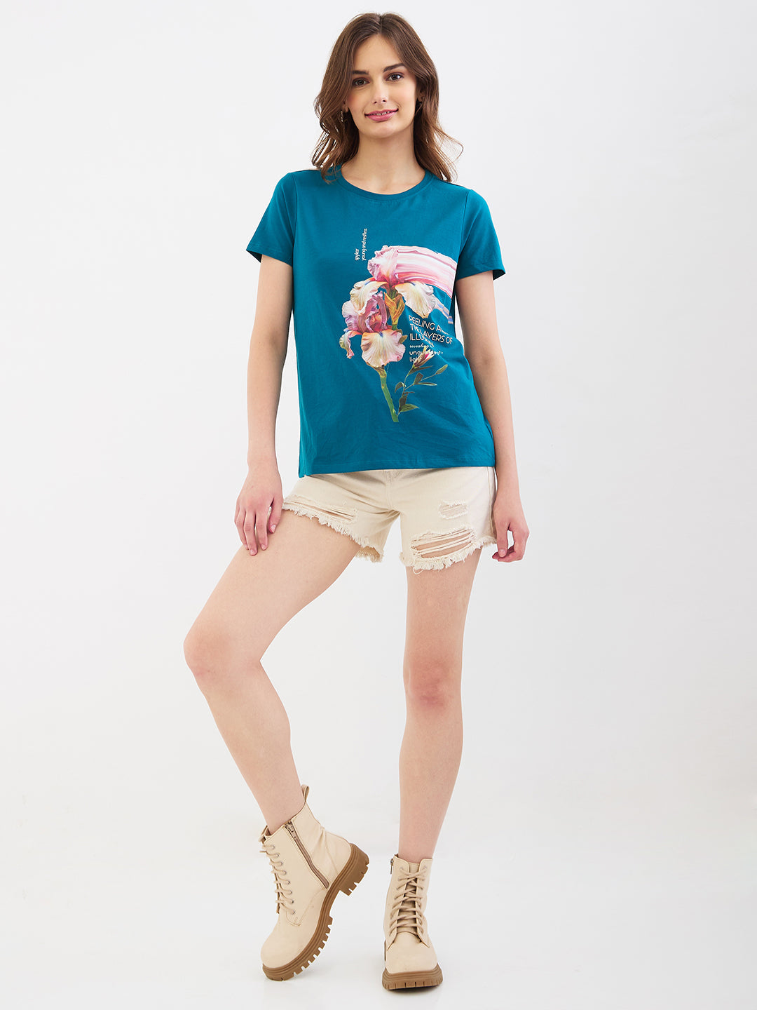 Spykar Marine Teal Blue Regular Fit Casual T-Shirts For Women