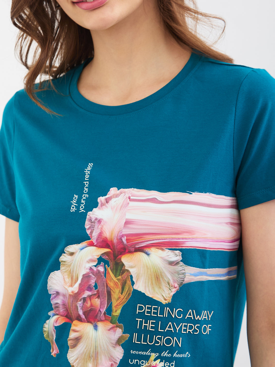 Spykar Marine Teal Blue Regular Fit Casual T-Shirts For Women
