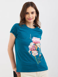 Women T-Shirt Teal Blue Regular Fit