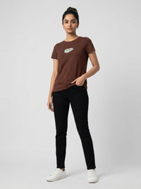 Women T-Shirt Graphic Brown Regular Fit