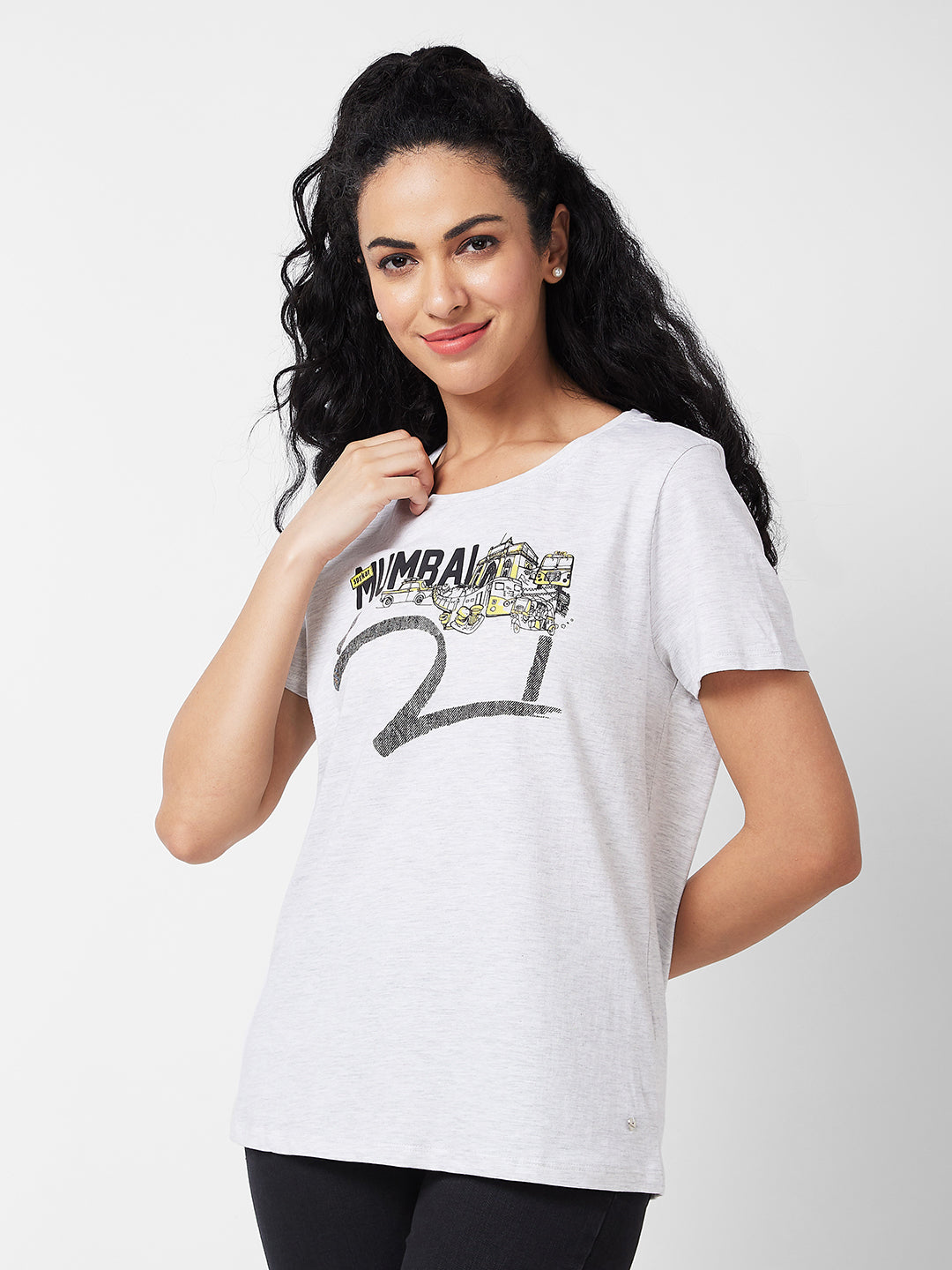 Women Ash Melange Relaxed Fit T-Shirt