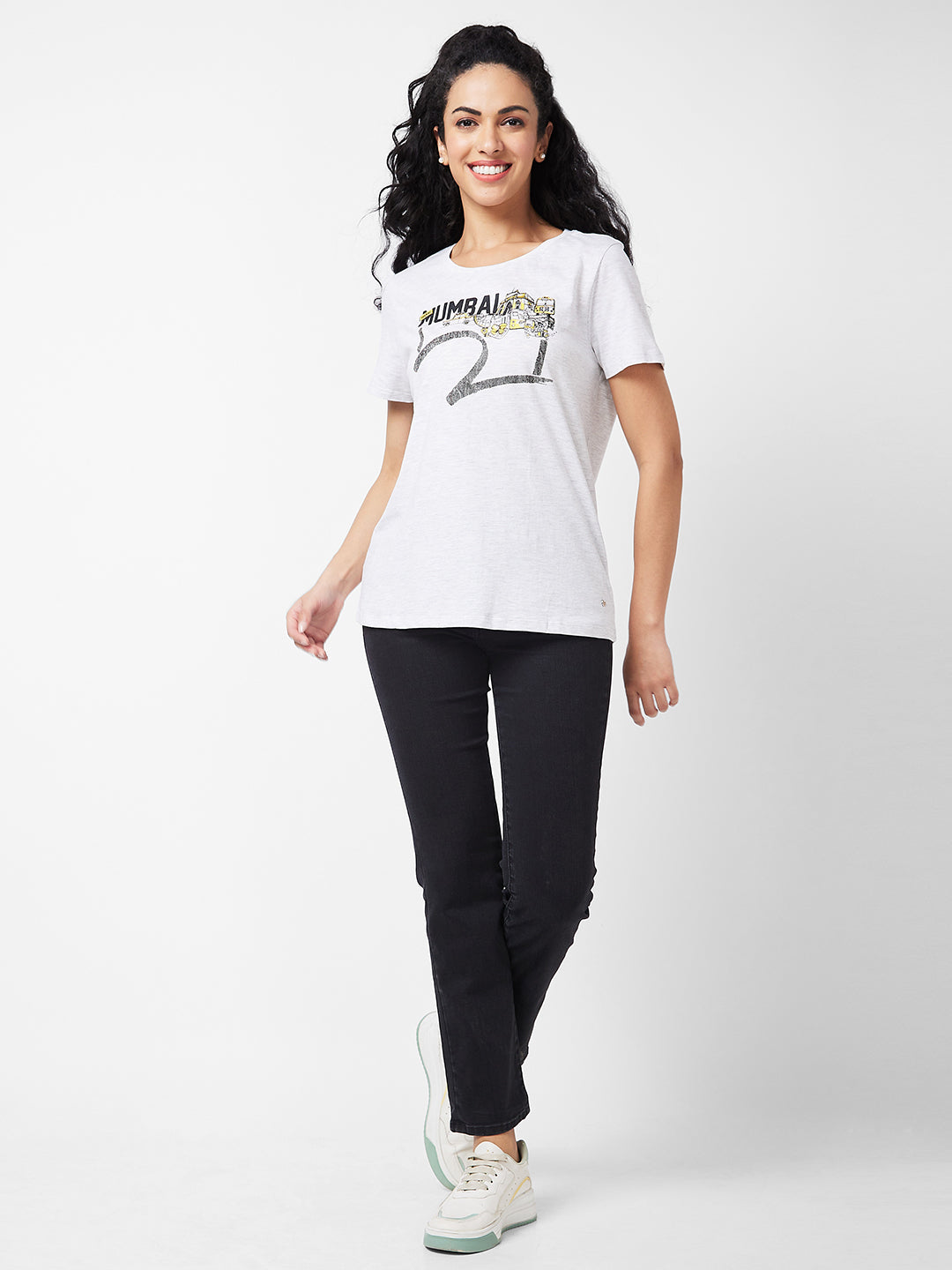 Women Ash Melange Relaxed Fit T-Shirt