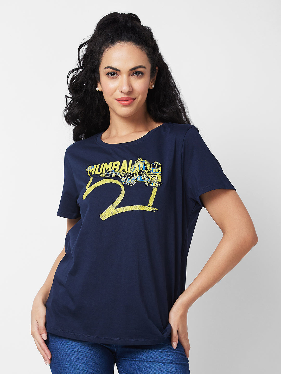 Spykar Navy Blue Relaxed Fit T-Shirts For Women